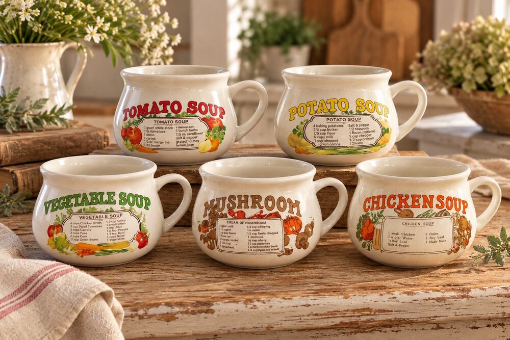 Vintage Recipe Soup Mugs Set of 5 Tomato Potato Chicken Mushroom Vegetable